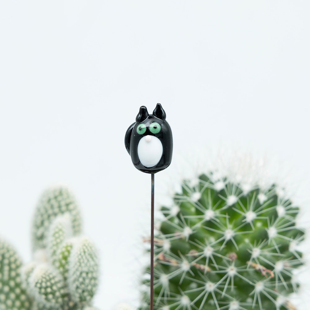 close up of a black cat with white bib, pink nose and green eyes on a metal stick which sits in a cactus.