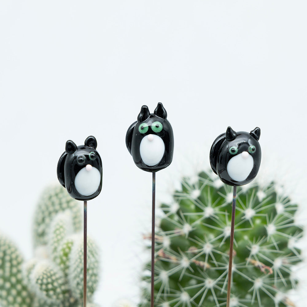 lose up view of three black cats with white bib, pink nose , green eyes and black tail. Each cat sits on a metal stick which sits in a cactus.