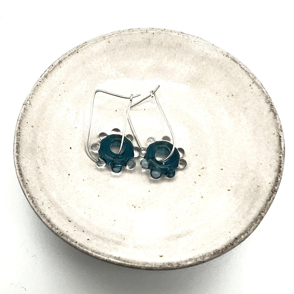 Sparkly Blue Water Droplet Silver Hoop Earrings