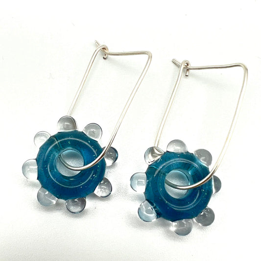 Sparkly Blue Water Droplet Silver Hoop Earrings