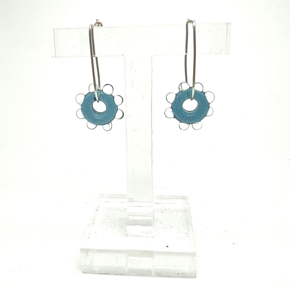 Sparkly Blue Water Droplet Silver Hoop Earrings