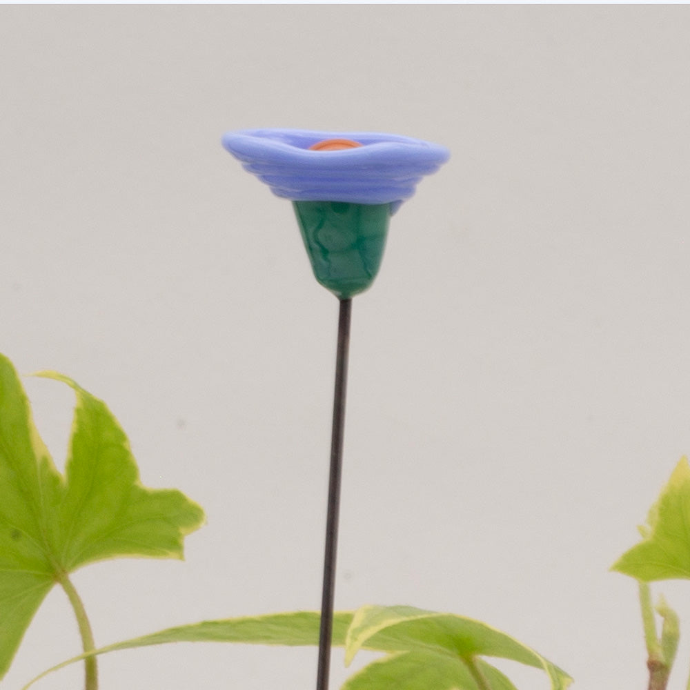 close up of blue flower cup decoration with green stem, blue cup and yellow centre.