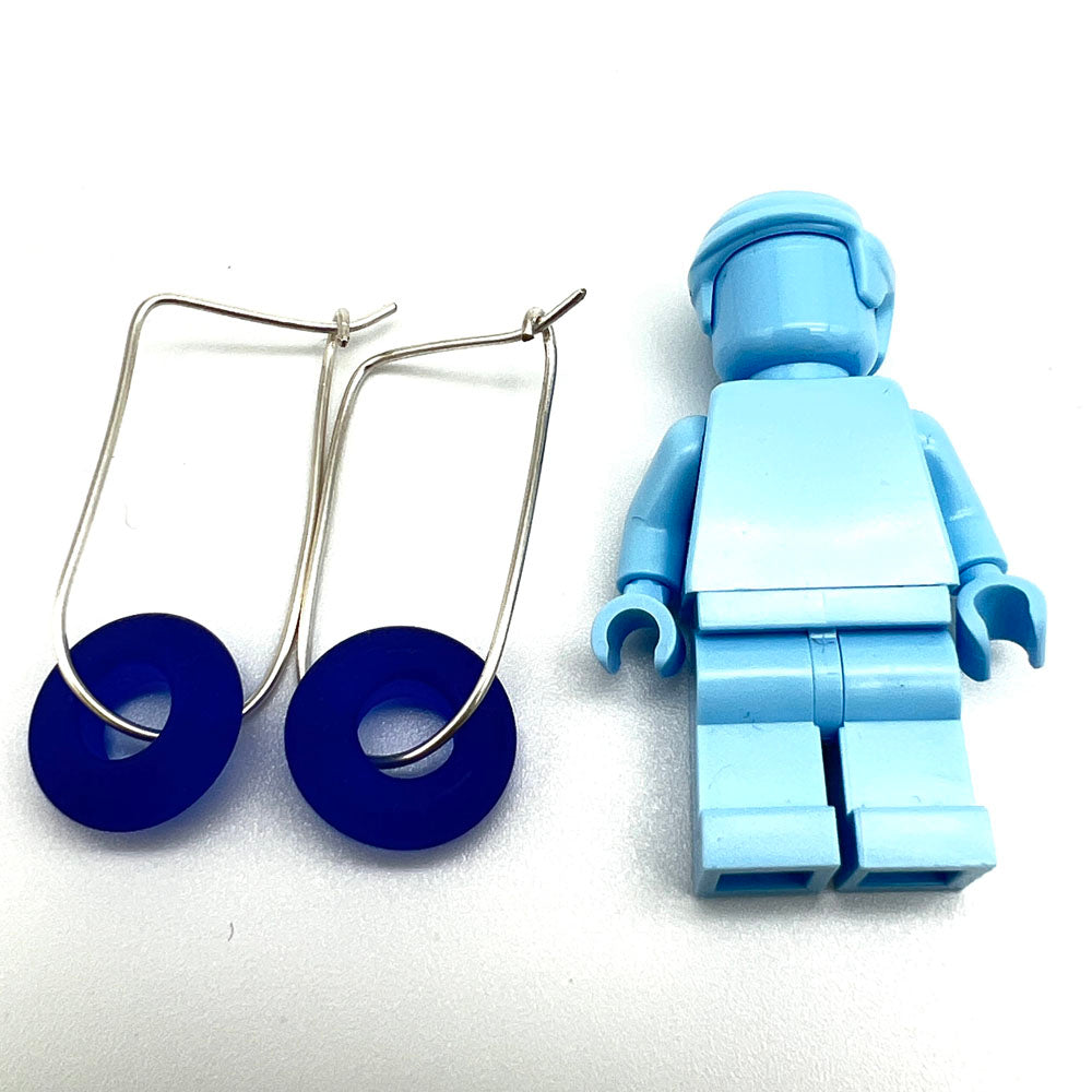 Frosted Blue Bead Silver Hoop Earrings