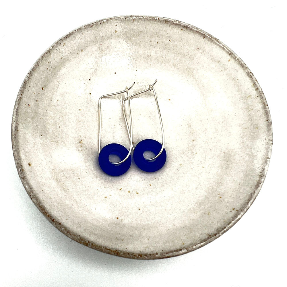 Frosted Blue Bead Silver Hoop Earrings