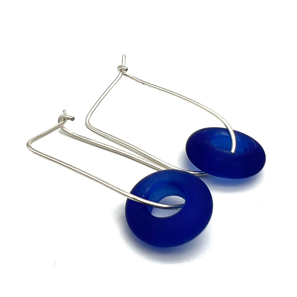 Frosted Blue Bead Silver Hoop Earrings