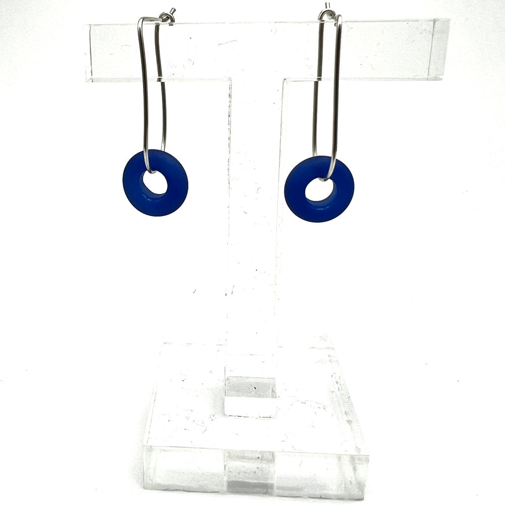 Frosted Blue Bead Silver Hoop Earrings