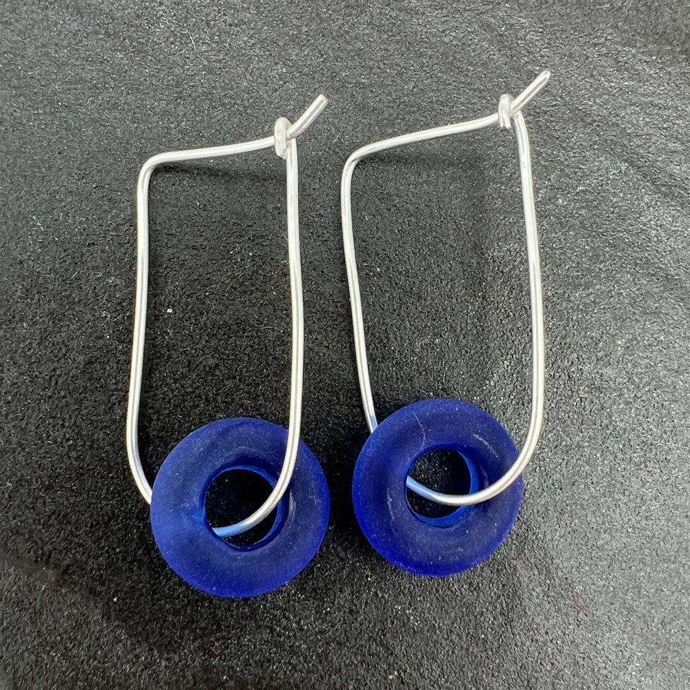 Frosted Blue Bead Silver Hoop Earrings