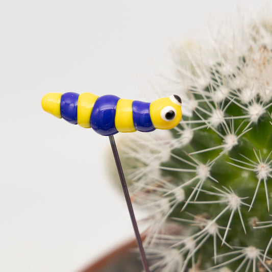 Close up of bright blue and yellow caterpillar plant decoration.