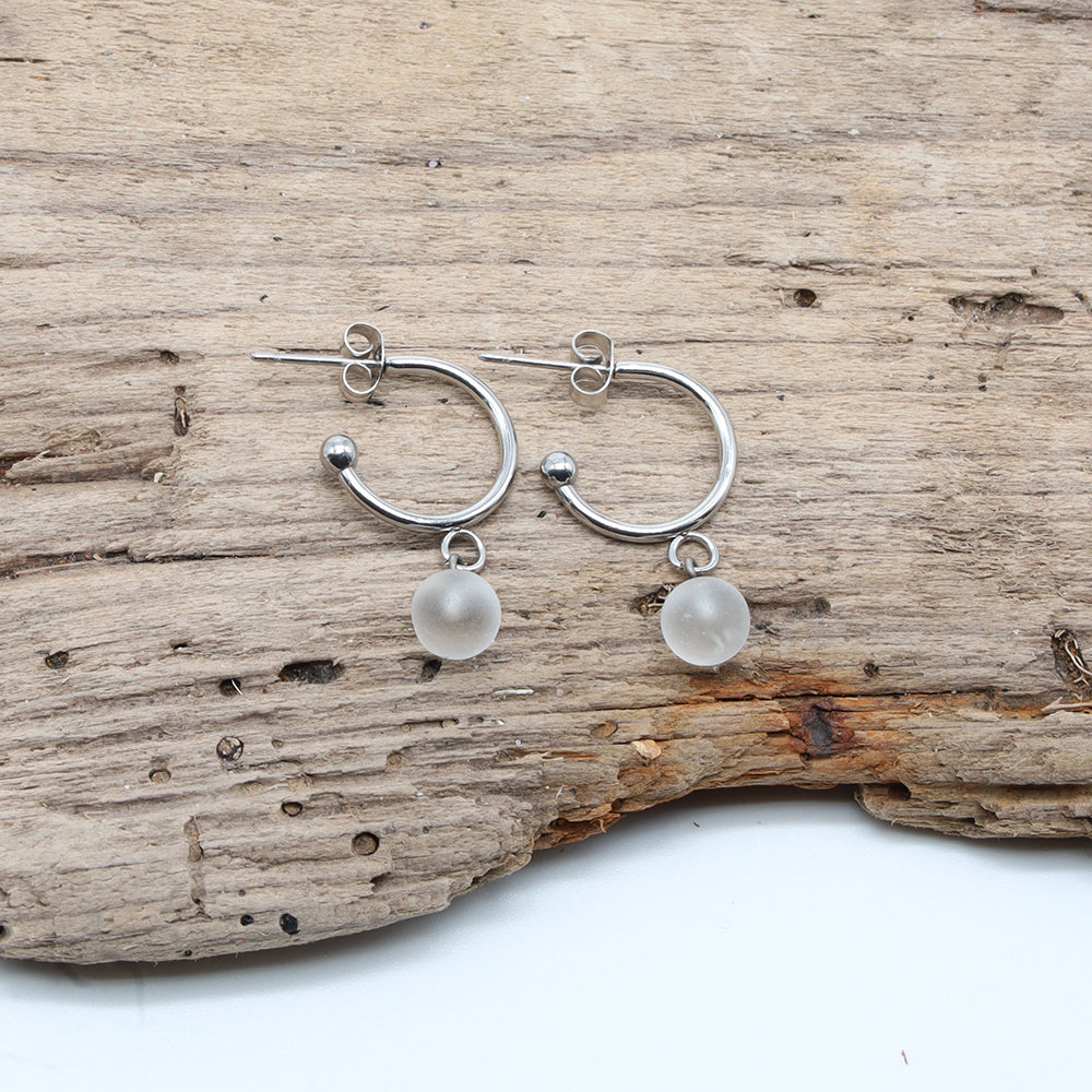 Frosted Clear Glass Half Hoop Earrings