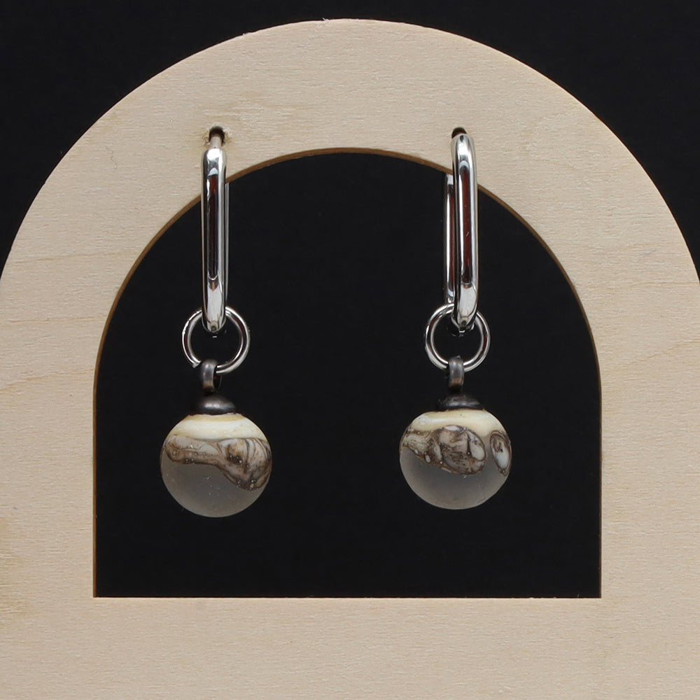 Frosted Clear and Ivory Glass Oval Hoop Earrings