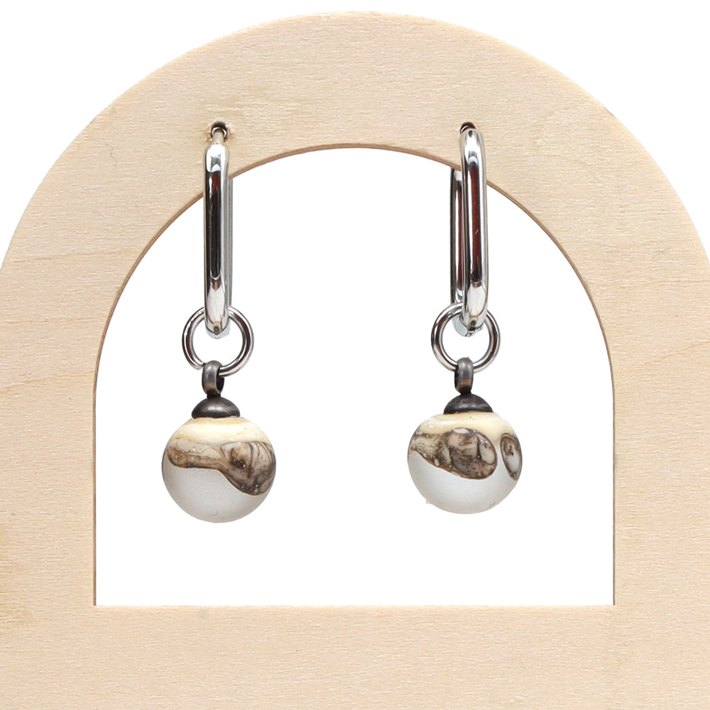 Frosted Clear and Ivory Glass Oval Hoop Earrings
