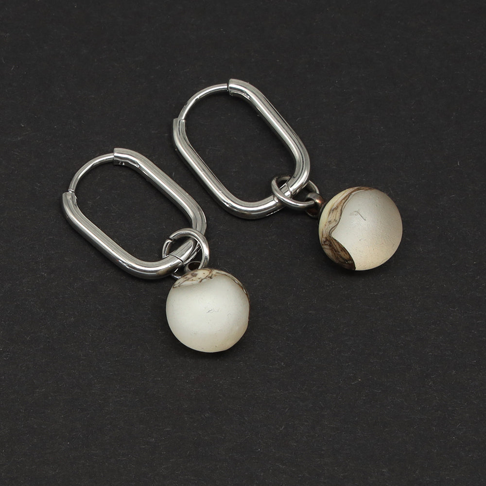 Frosted Clear and Ivory Glass Oval Hoop Earrings