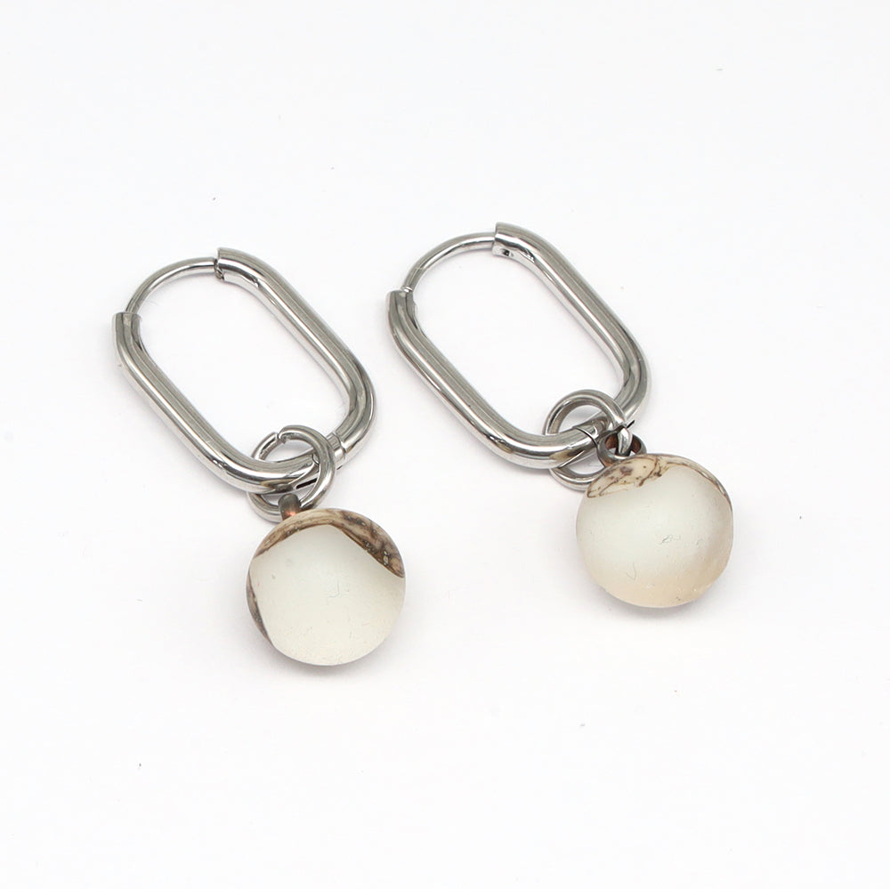 Frosted Clear and Ivory Glass Oval Hoop Earrings