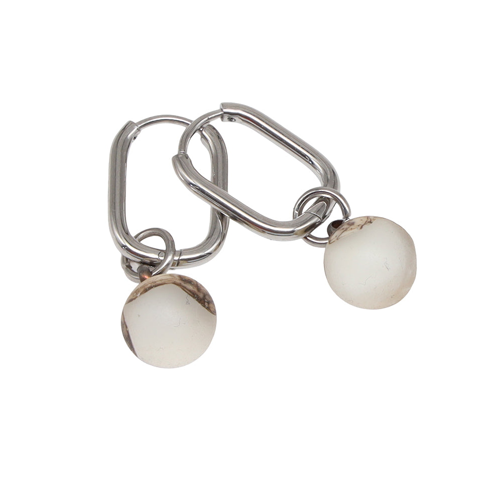 Frosted Clear and Ivory Glass Oval Hoop Earrings
