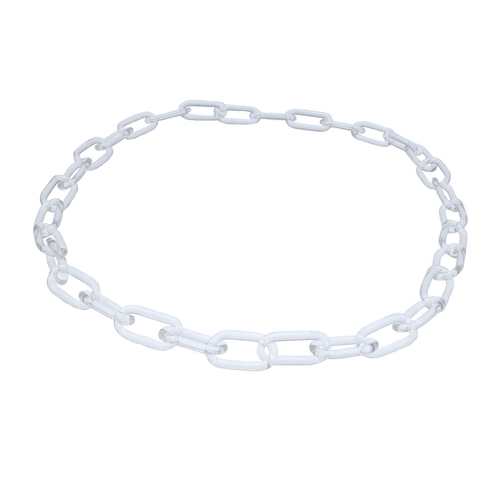 Clear glass chain link necklace photographed on a white background