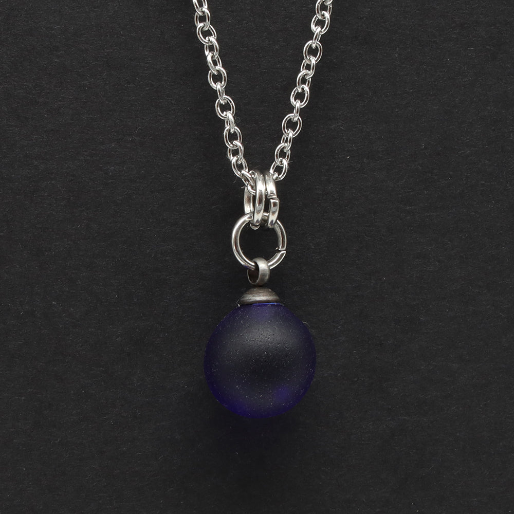 Frosted Dark Blue Sphere Charm Stainless Steel Necklace