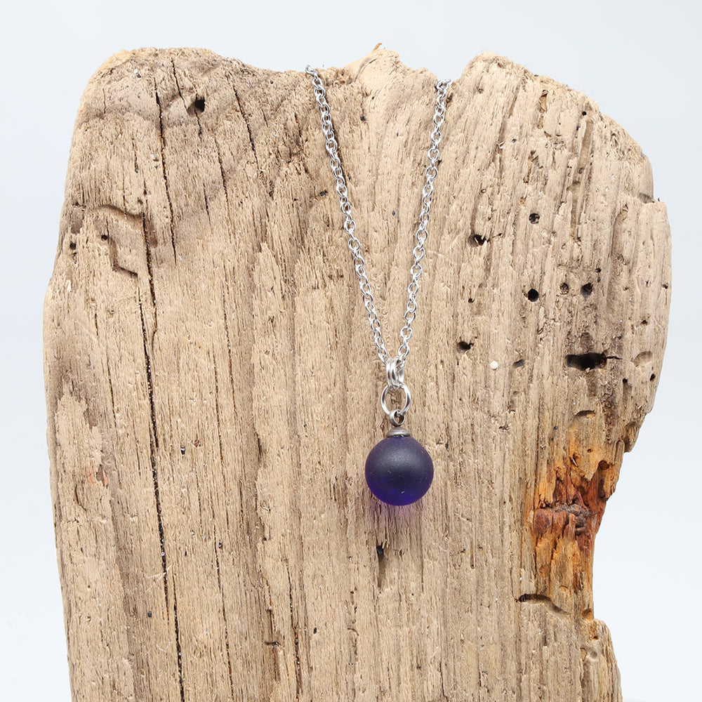 Frosted Dark Blue Sphere Charm Stainless Steel Necklace