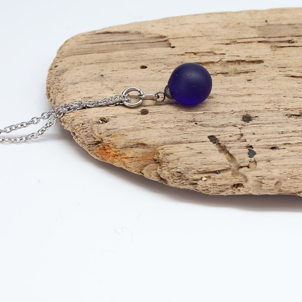 Frosted Dark Blue Sphere Charm Stainless Steel Necklace