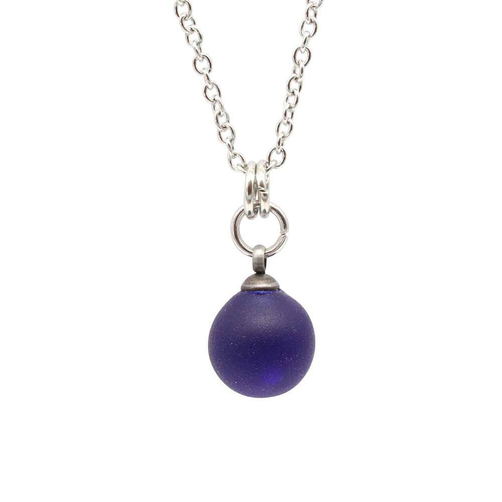 Frosted Dark Blue Sphere Charm Stainless Steel Necklace