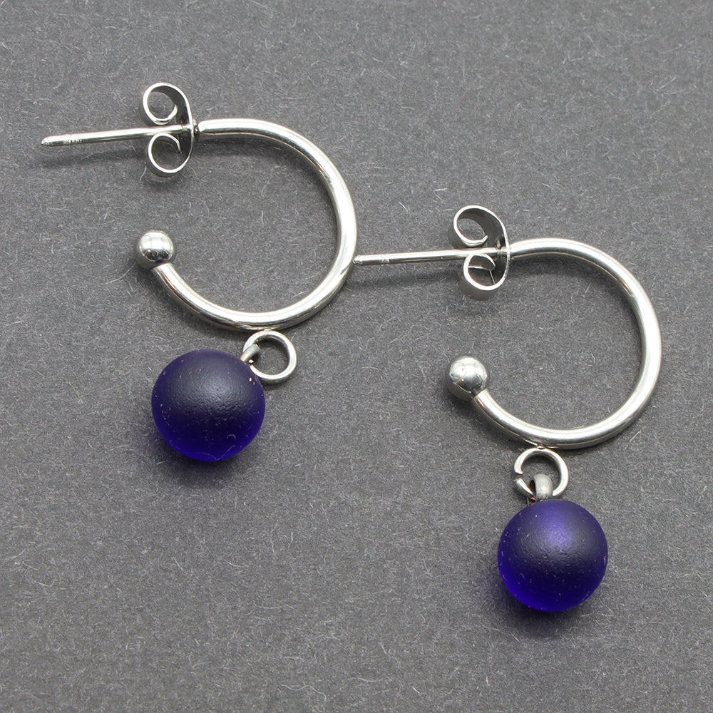 Frosted Dark Blue Glass Half Hoop Earrings