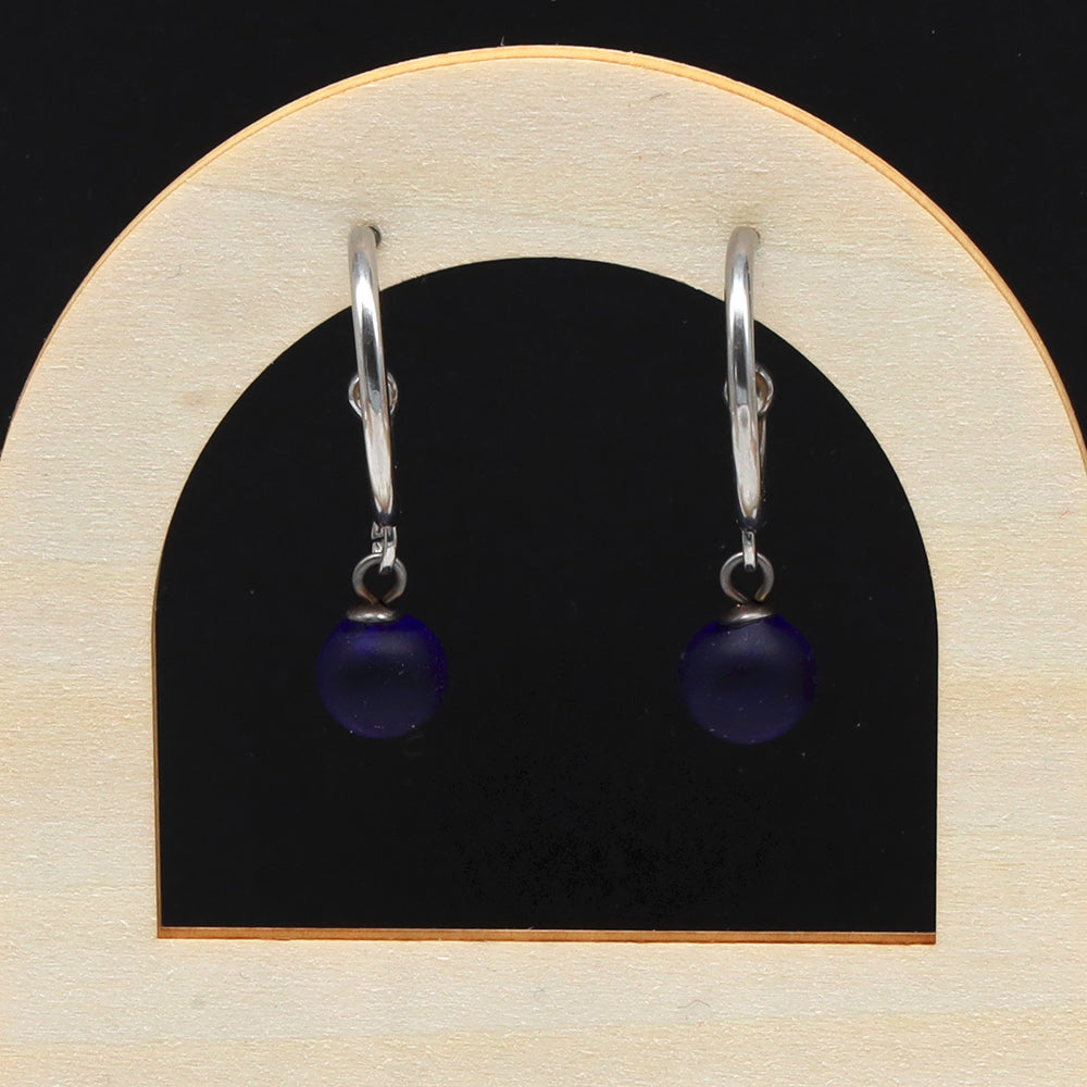 Frosted Dark Blue Glass Half Hoop Earrings