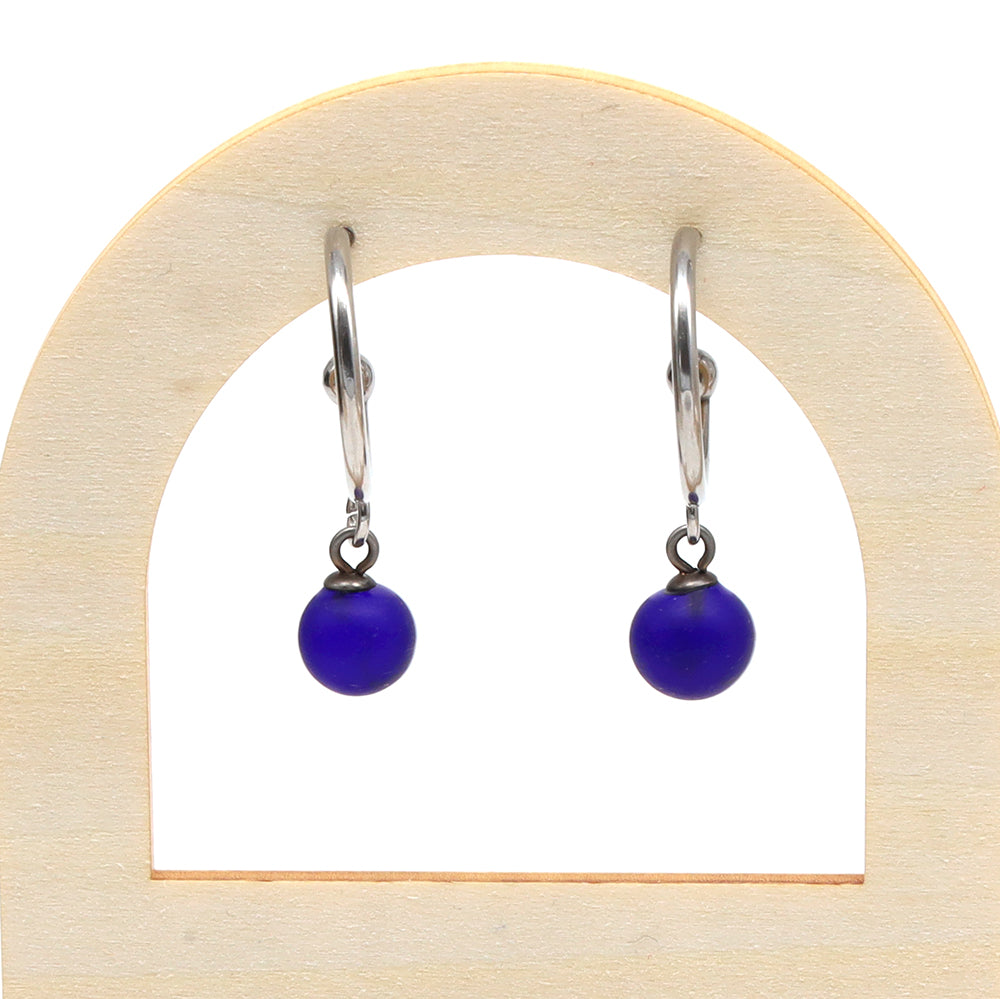 Frosted Dark Blue Glass Half Hoop Earrings
