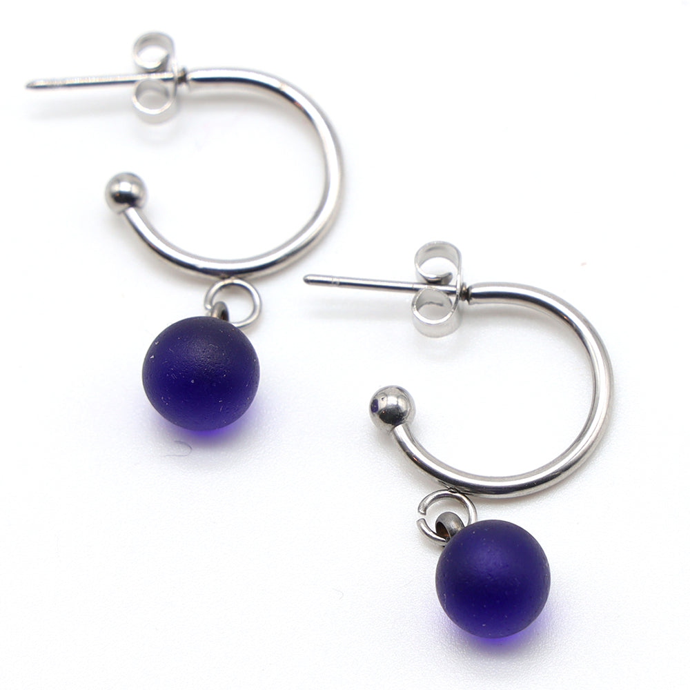 Frosted Dark Blue Glass Half Hoop Earrings
