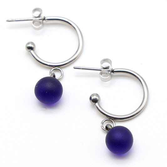 Frosted Dark Blue Glass Half Hoop Earrings