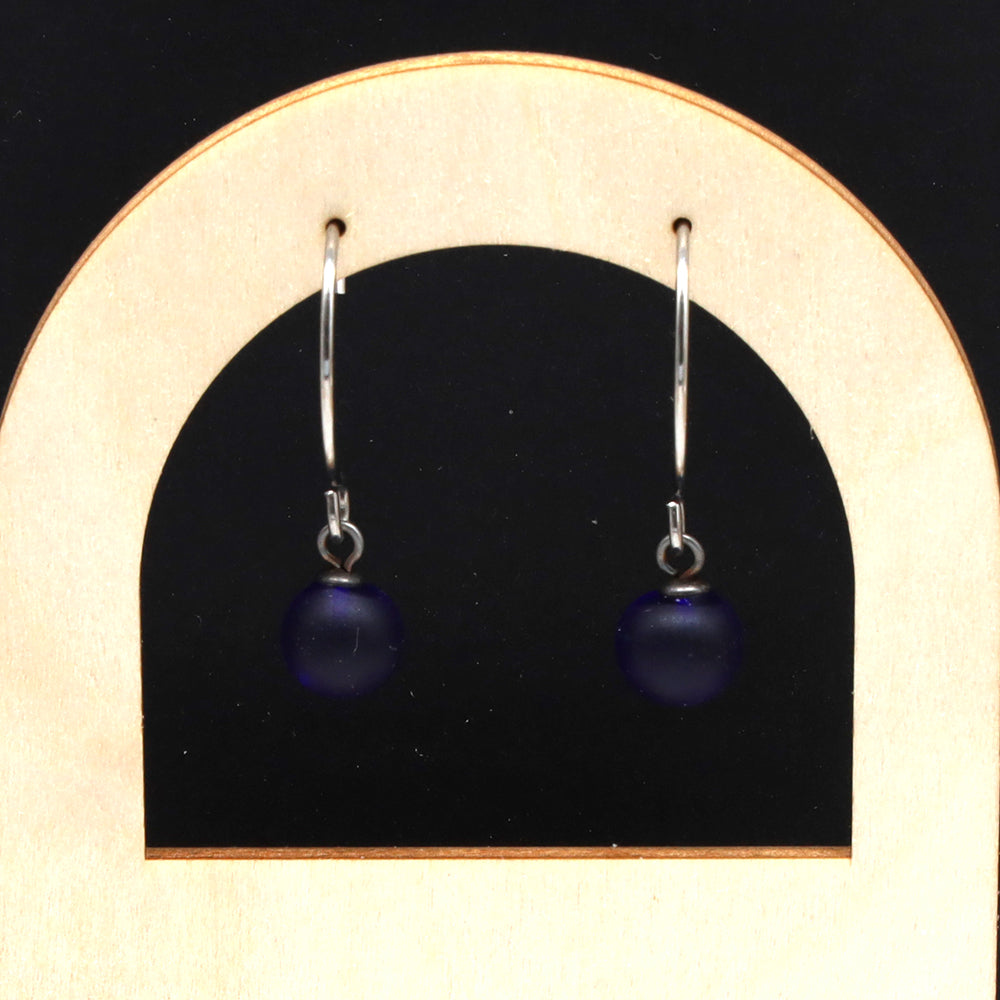 Frosted Dark Blue Glass Hook Earrings