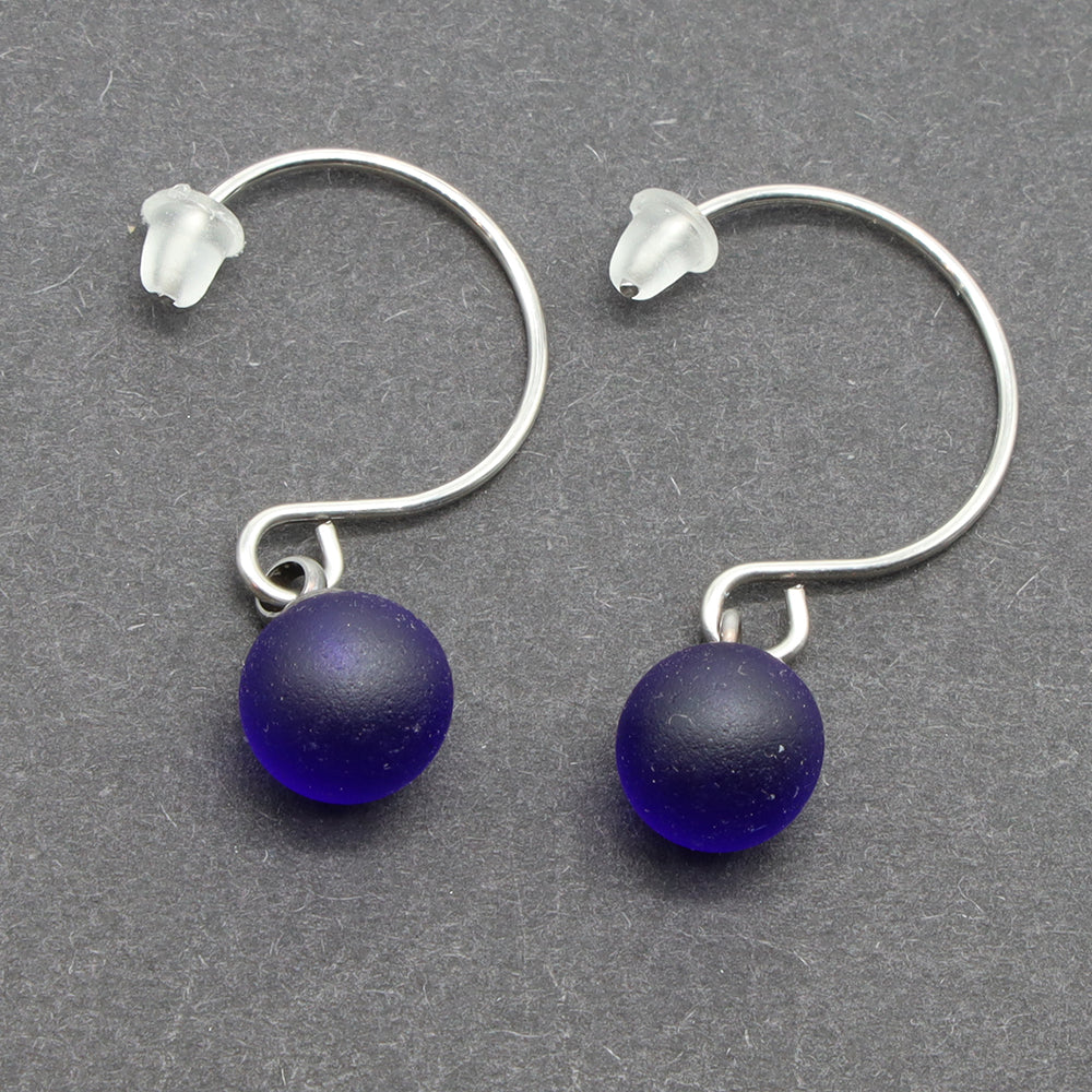 Frosted Dark Blue Glass Hook Earrings