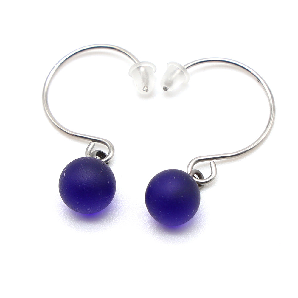 Frosted Dark Blue Glass Hook Earrings