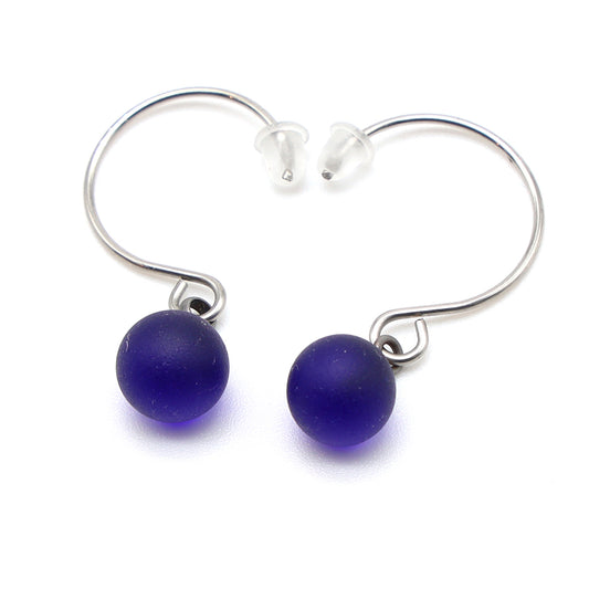 Frosted Dark Blue Glass Hook Earrings