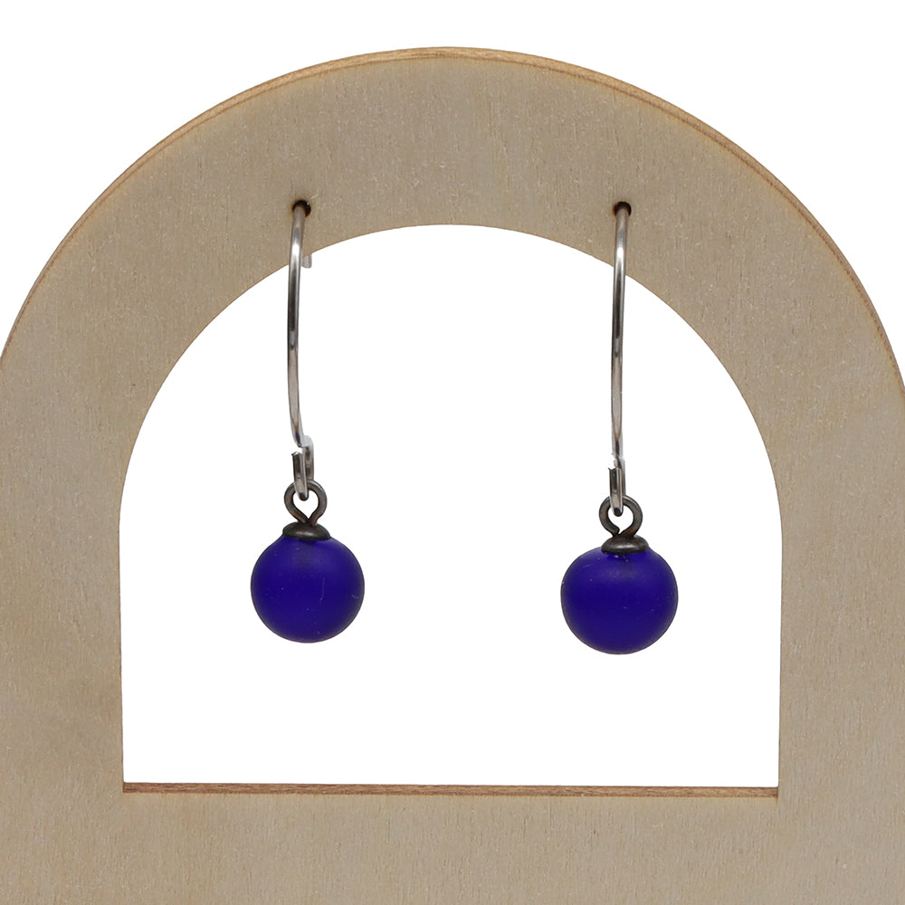 Frosted Dark Blue Glass Hook Earrings