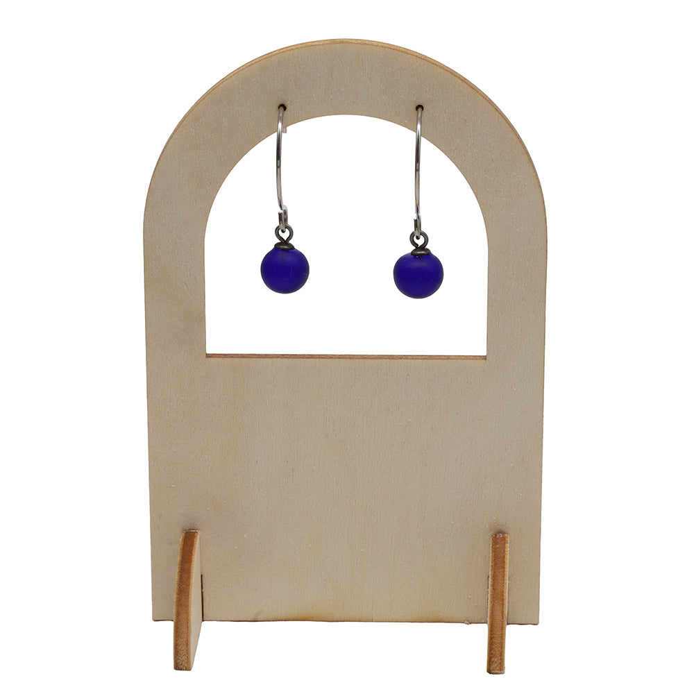 Frosted Dark Blue Glass Hook Earrings