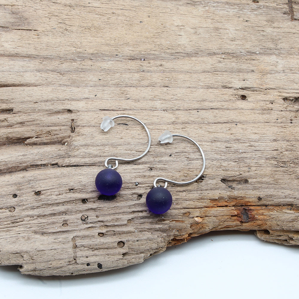 Frosted Dark Blue Glass Hook Earrings