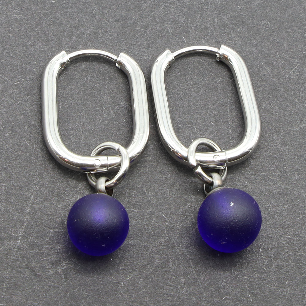 Frosted Dark Blue Glass Oval Hoop Earrings