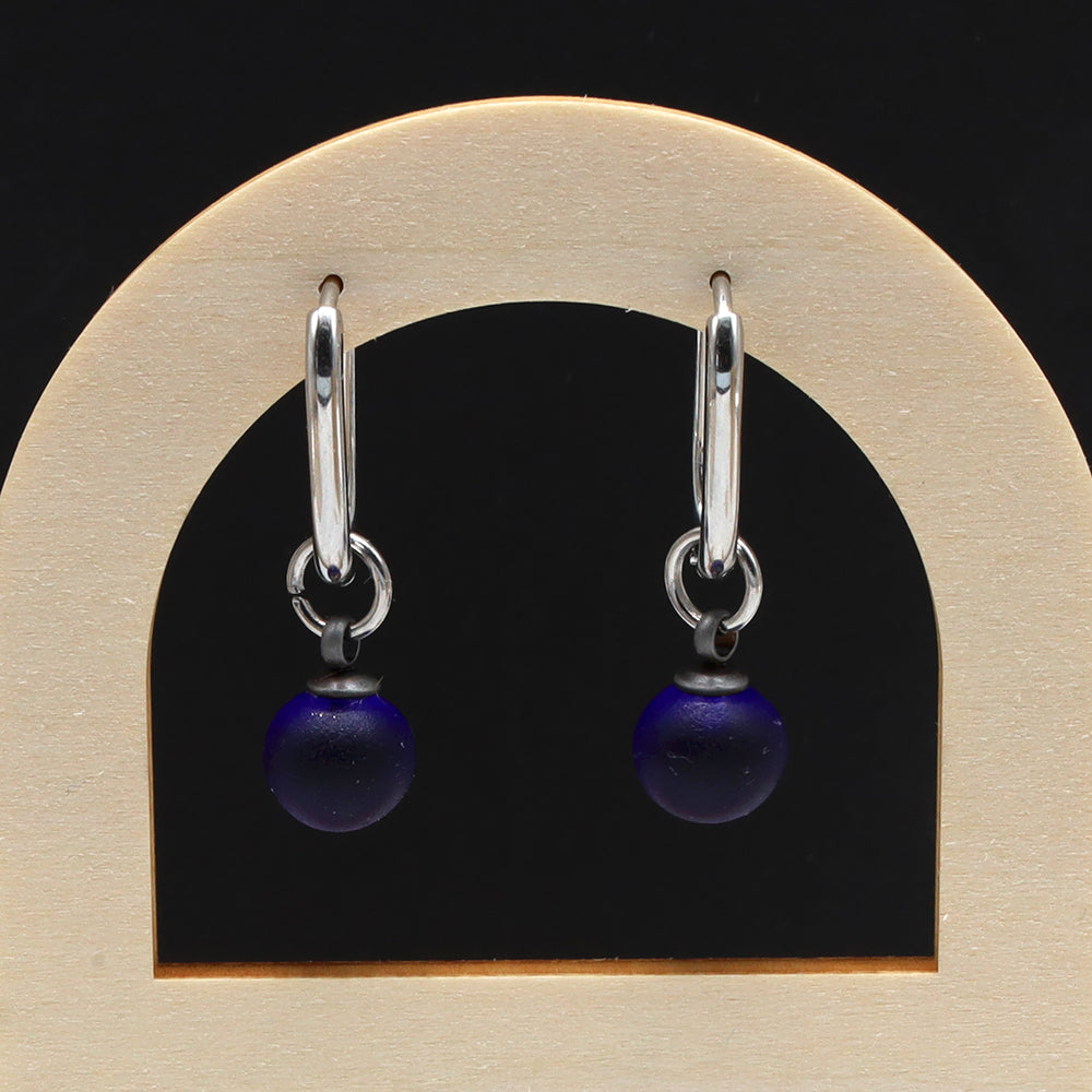 Frosted Dark Blue Glass Oval Hoop Earrings