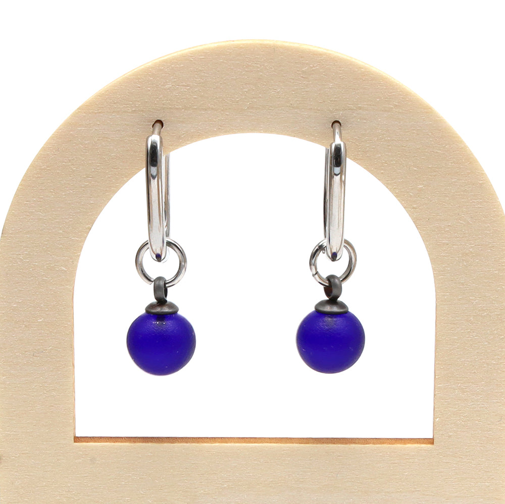 Frosted Dark Blue Glass Oval Hoop Earrings