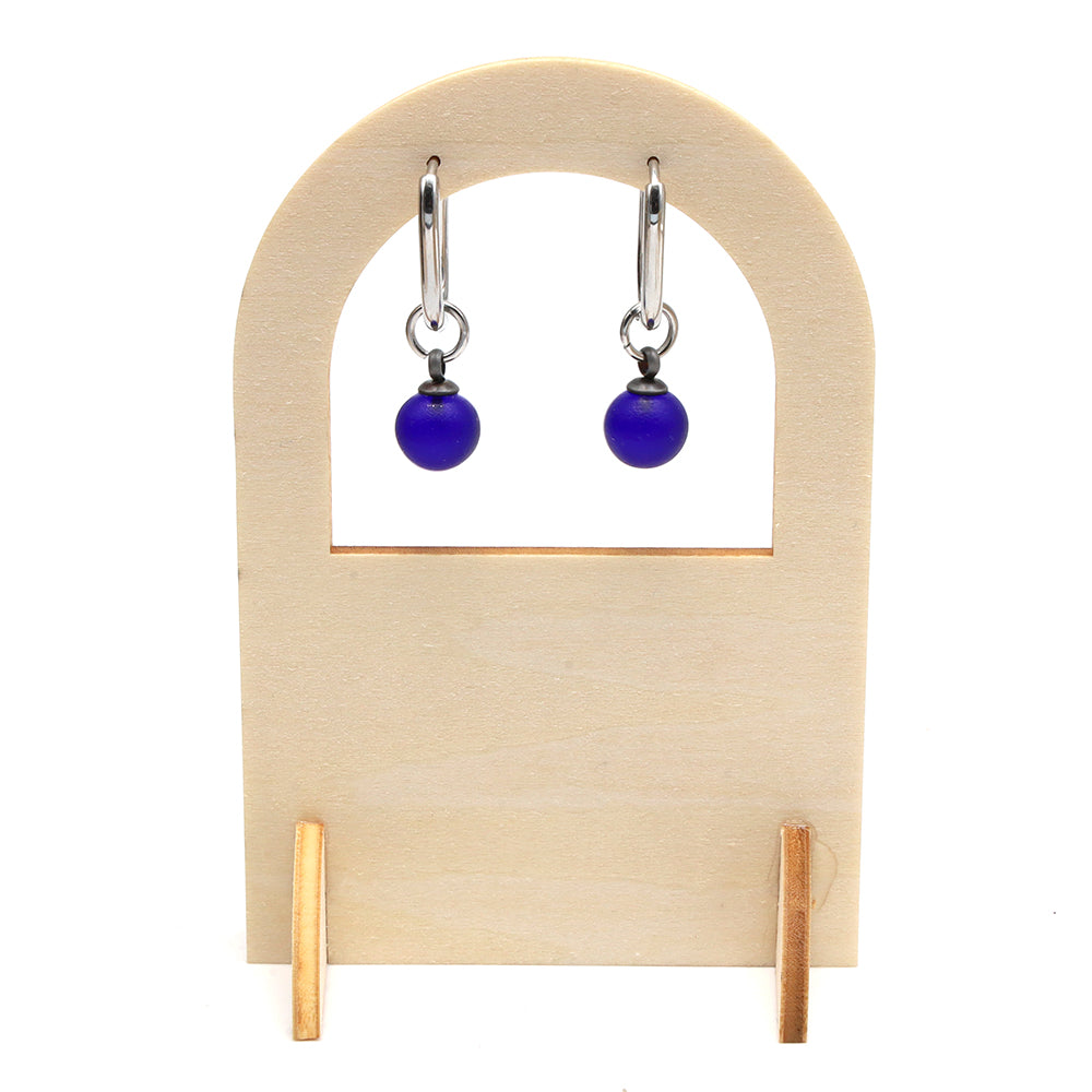 Frosted Dark Blue Glass Oval Hoop Earrings