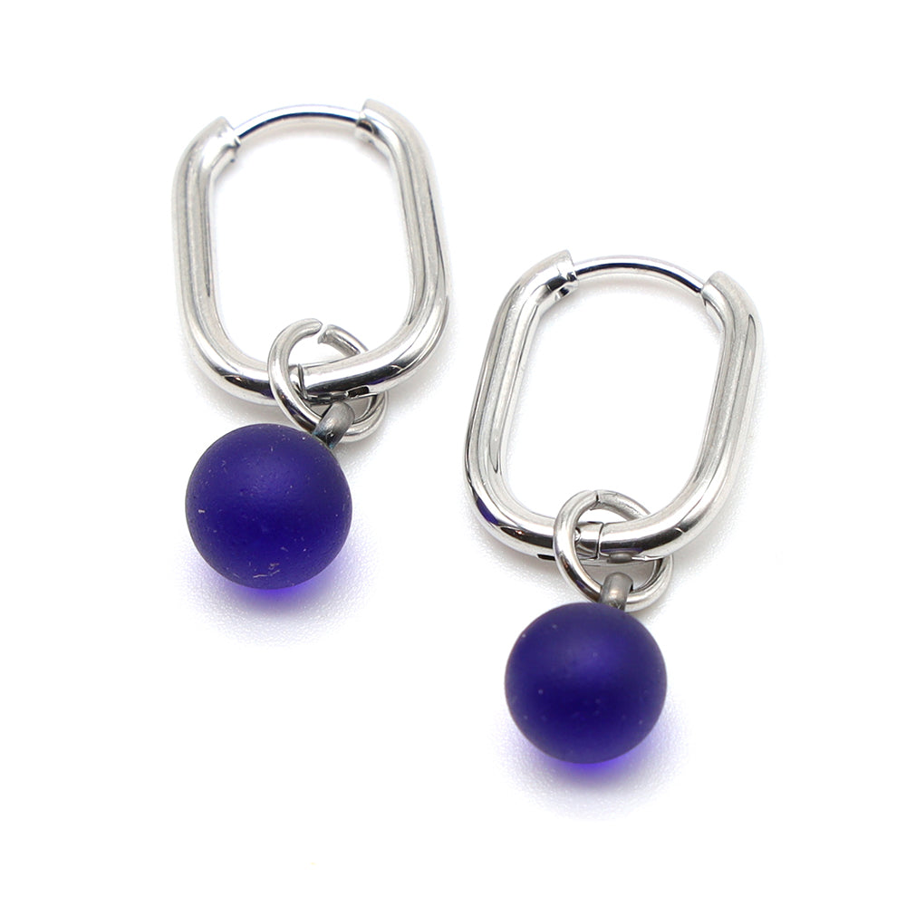 Frosted Dark Blue Glass Oval Hoop Earrings