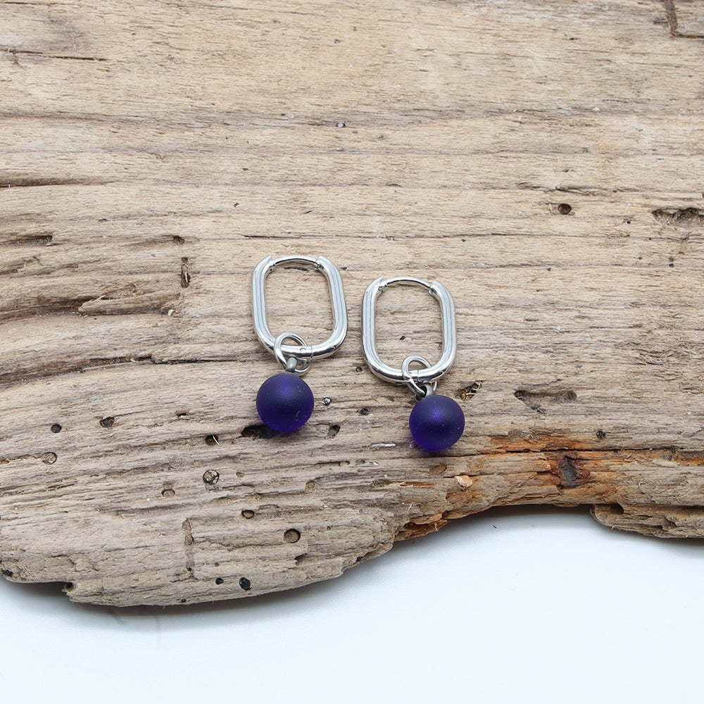 Frosted Dark Blue Glass Oval Hoop Earrings