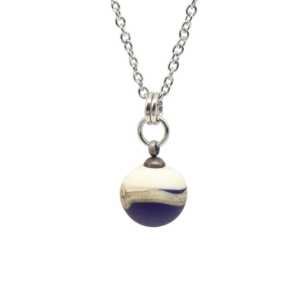 Dark Blue and Ivory Sphere Charm Stainless Steel Necklace