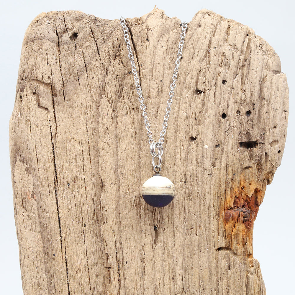 Dark Blue and Ivory Sphere Charm Stainless Steel Necklace