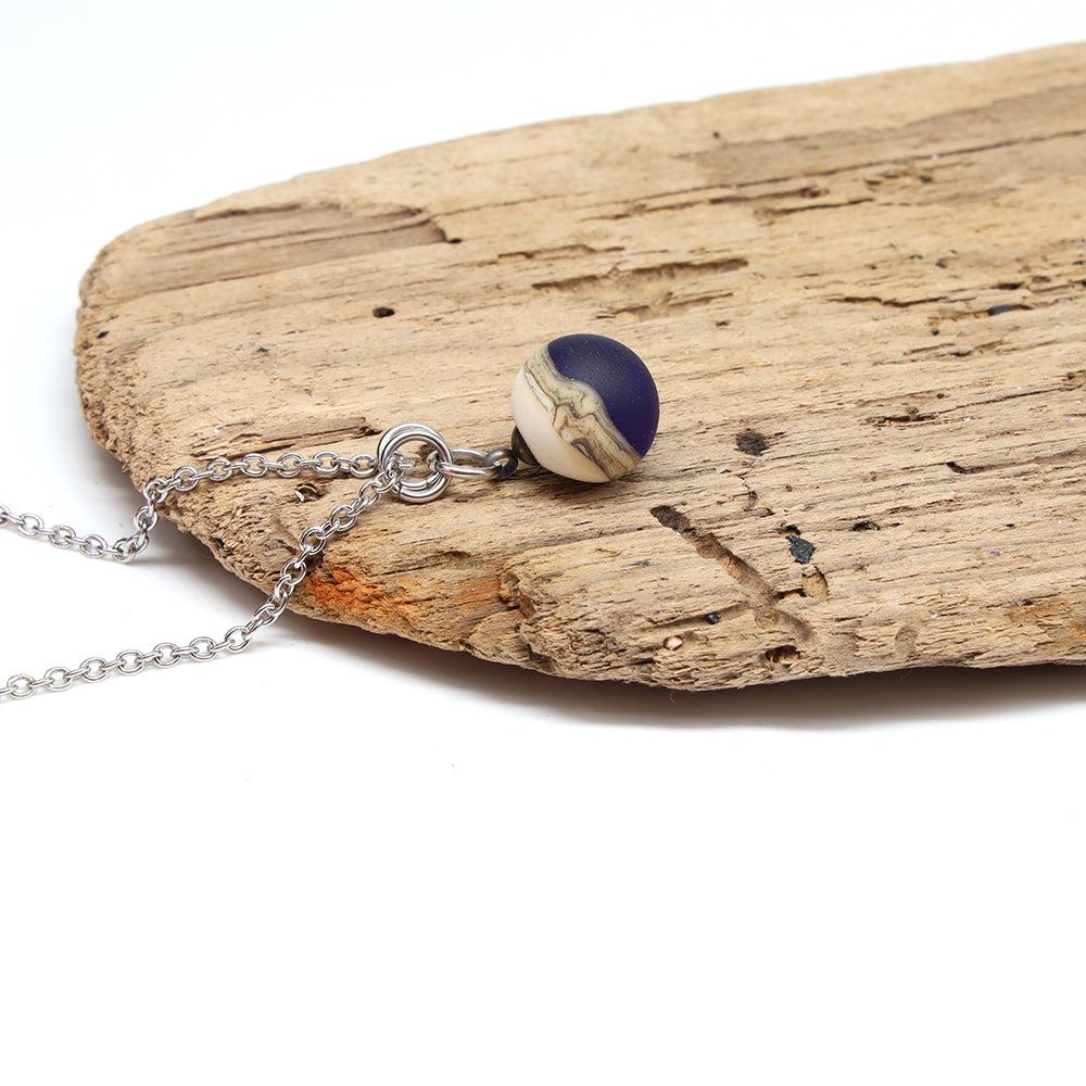 Dark Blue and Ivory Sphere Charm Stainless Steel Necklace