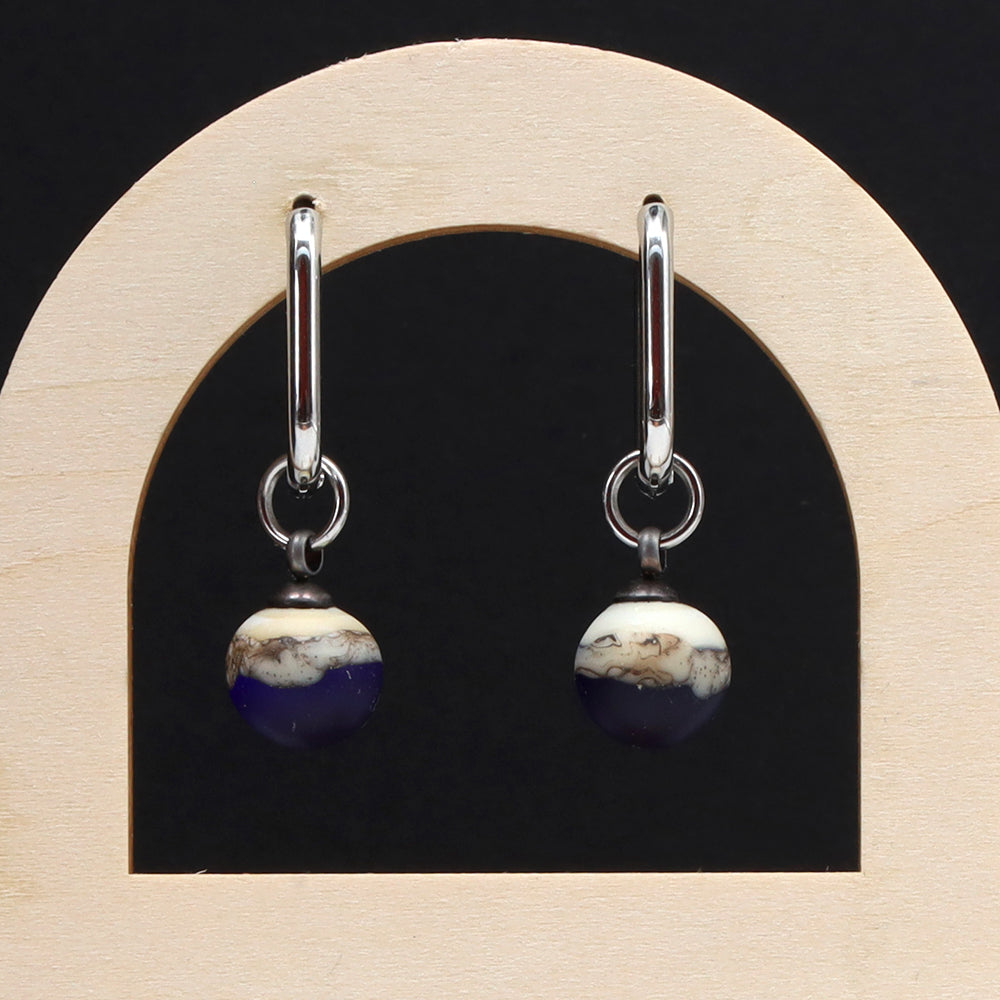 Frosted Dark Blue and Ivory Glass Oval Hoop Earrings