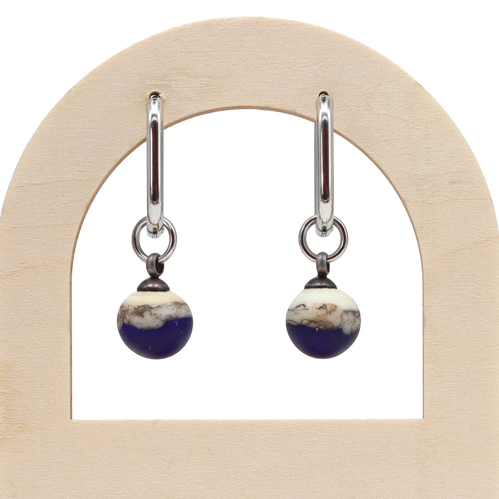 Frosted Dark Blue and Ivory Glass Oval Hoop Earrings
