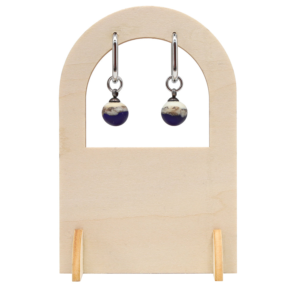 Frosted Dark Blue and Ivory Glass Oval Hoop Earrings