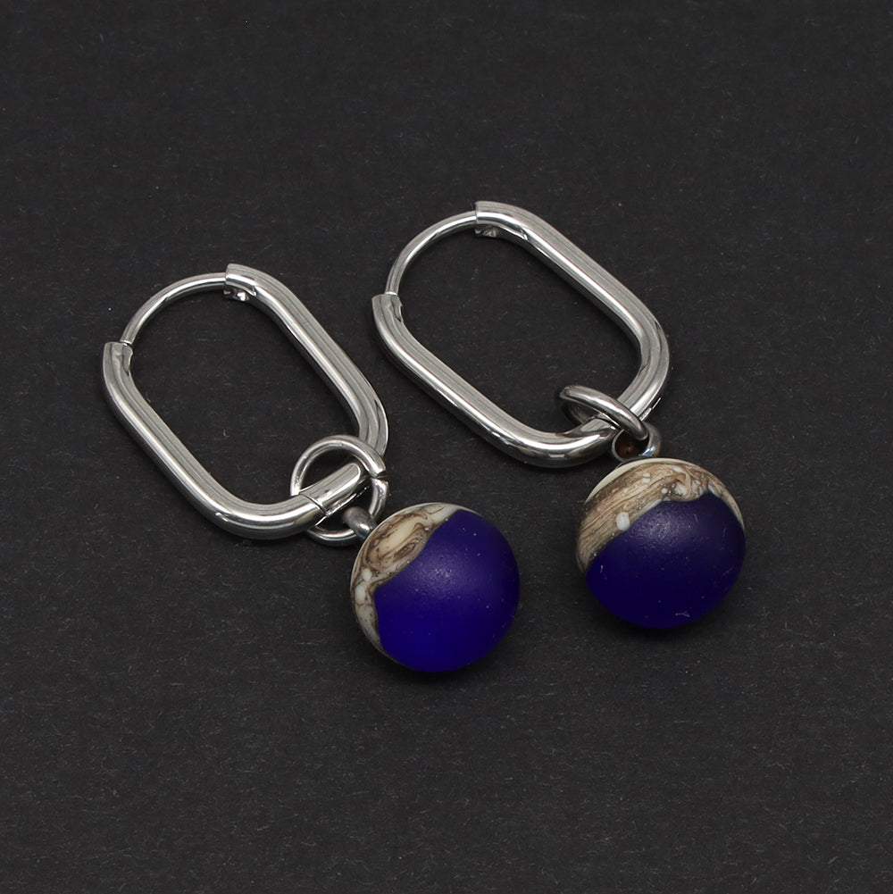 Frosted Dark Blue and Ivory Glass Oval Hoop Earrings