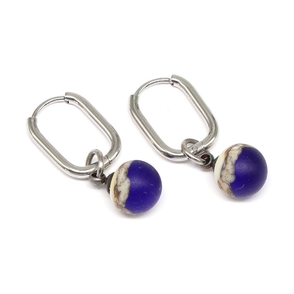 Frosted Dark Blue and Ivory Glass Oval Hoop Earrings