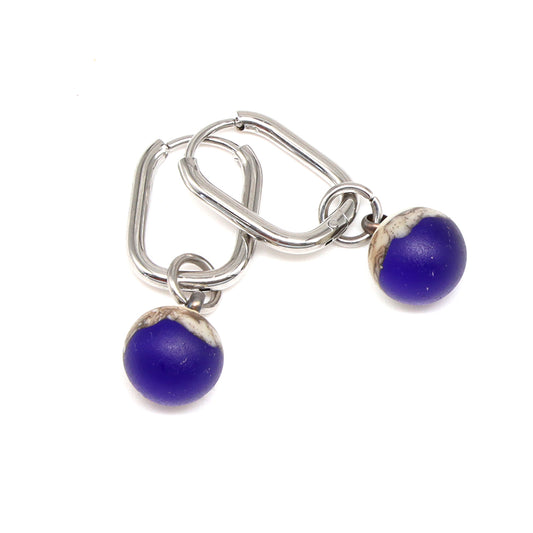 Frosted Dark Blue and Ivory Glass Oval Hoop Earrings